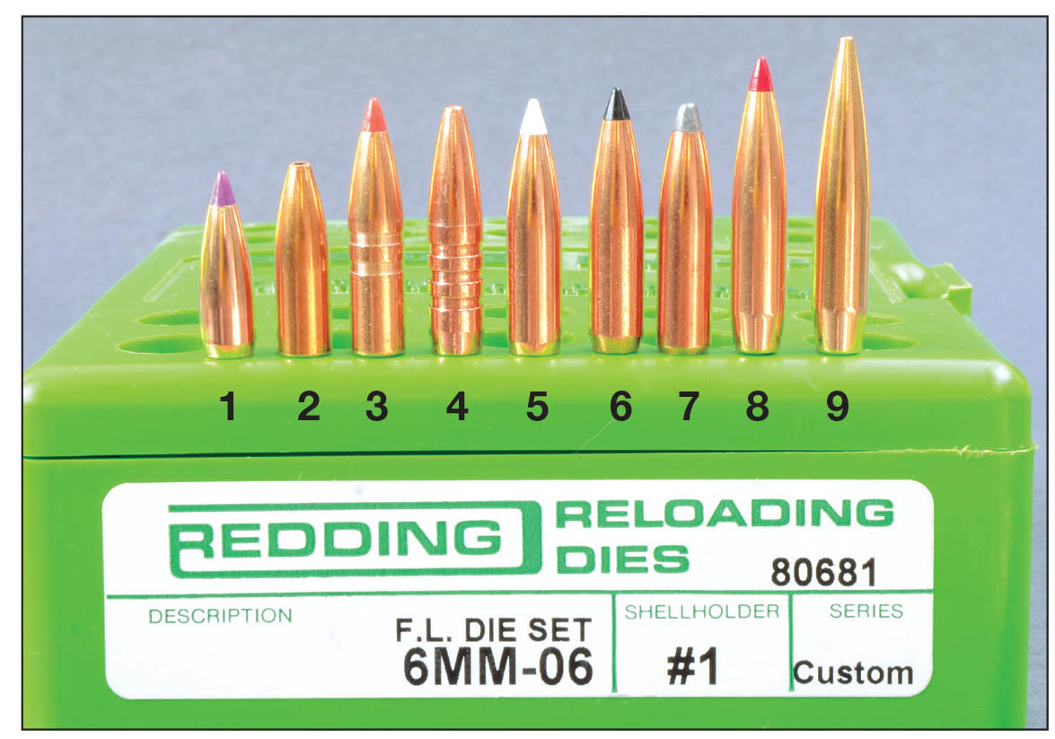 The 1:10 twist of older rifles will stabilize most bullets up to 100 grains, but in order to handle longer bullets, a new barrel should have a faster twist. Bullets tested include the (1) Nosler 55 Ballistic Tip, (2) Sierra 75 HP, (3) Hornady 80 GMX, (4) Barnes 85 XBT, (5) Nosler 90 AccuBond, (6) Swift 90 Scirocco II, (7) Nosler 100 Partition, (8) Hornady 103 ELD-X and a (9) Berger 115 VLD Hunting.